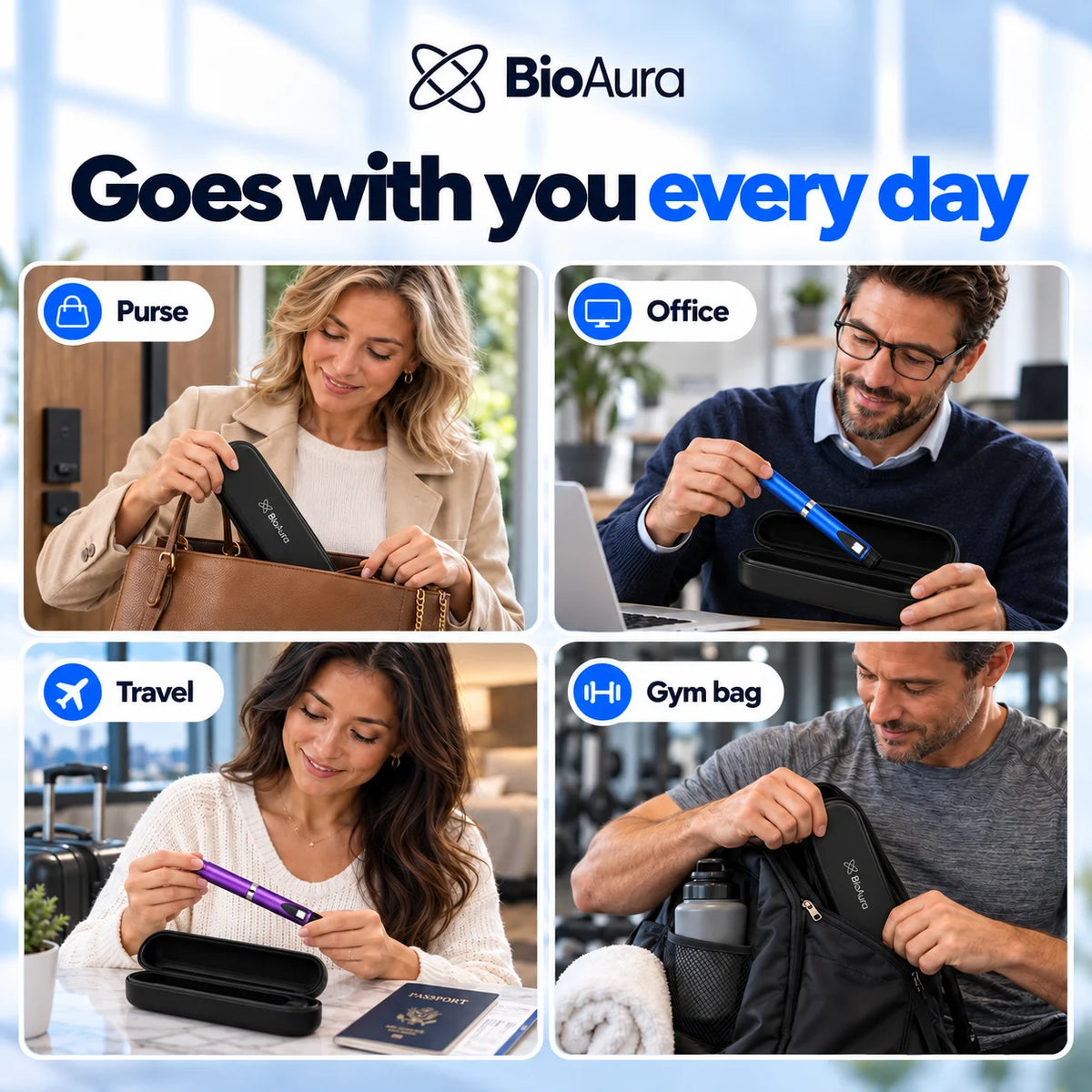 BioAura Pen carried in a purse, at the office, when traveling and in a gym bag