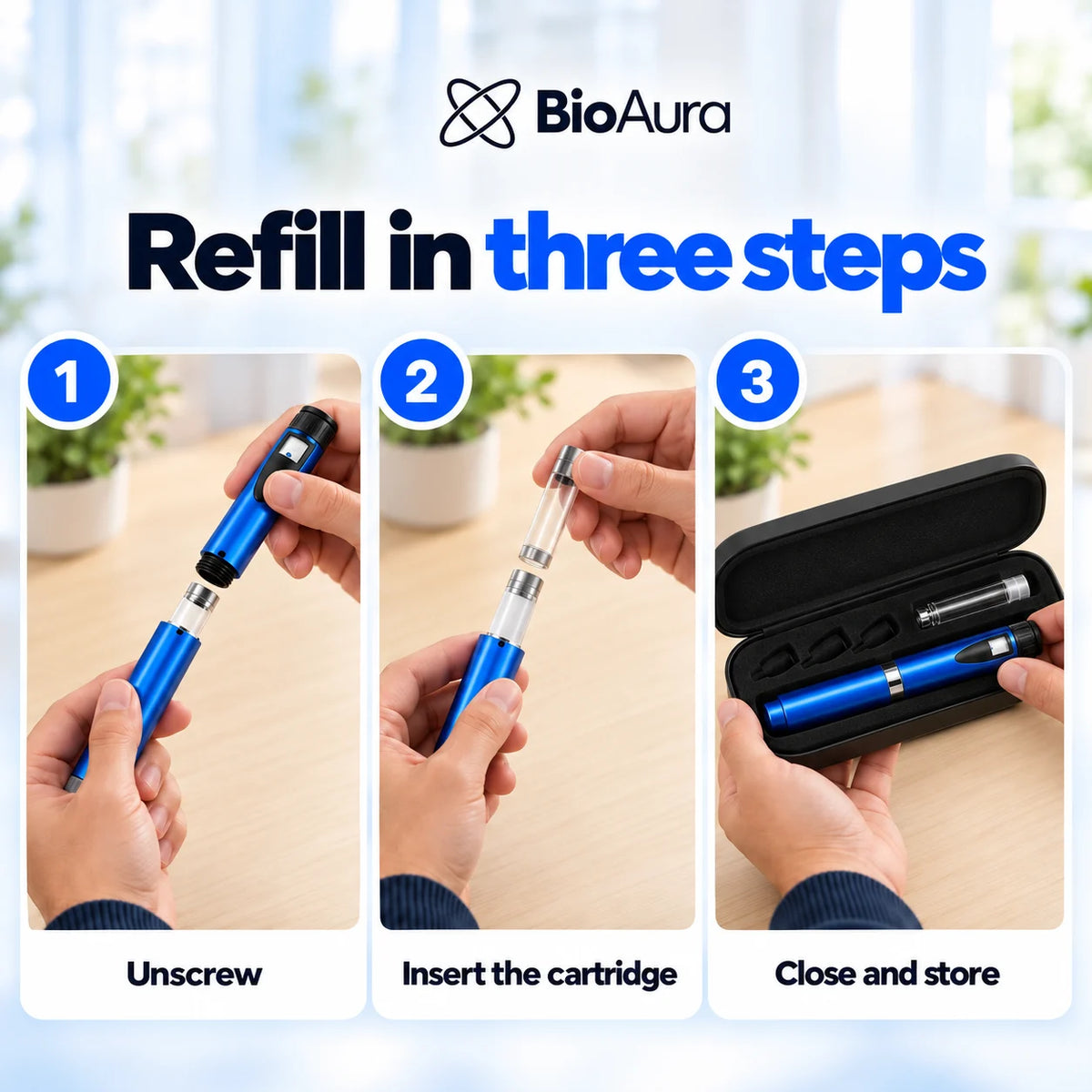 Three steps: unscrew the BioAura Pen, insert the cartridge, close it and store it in its case