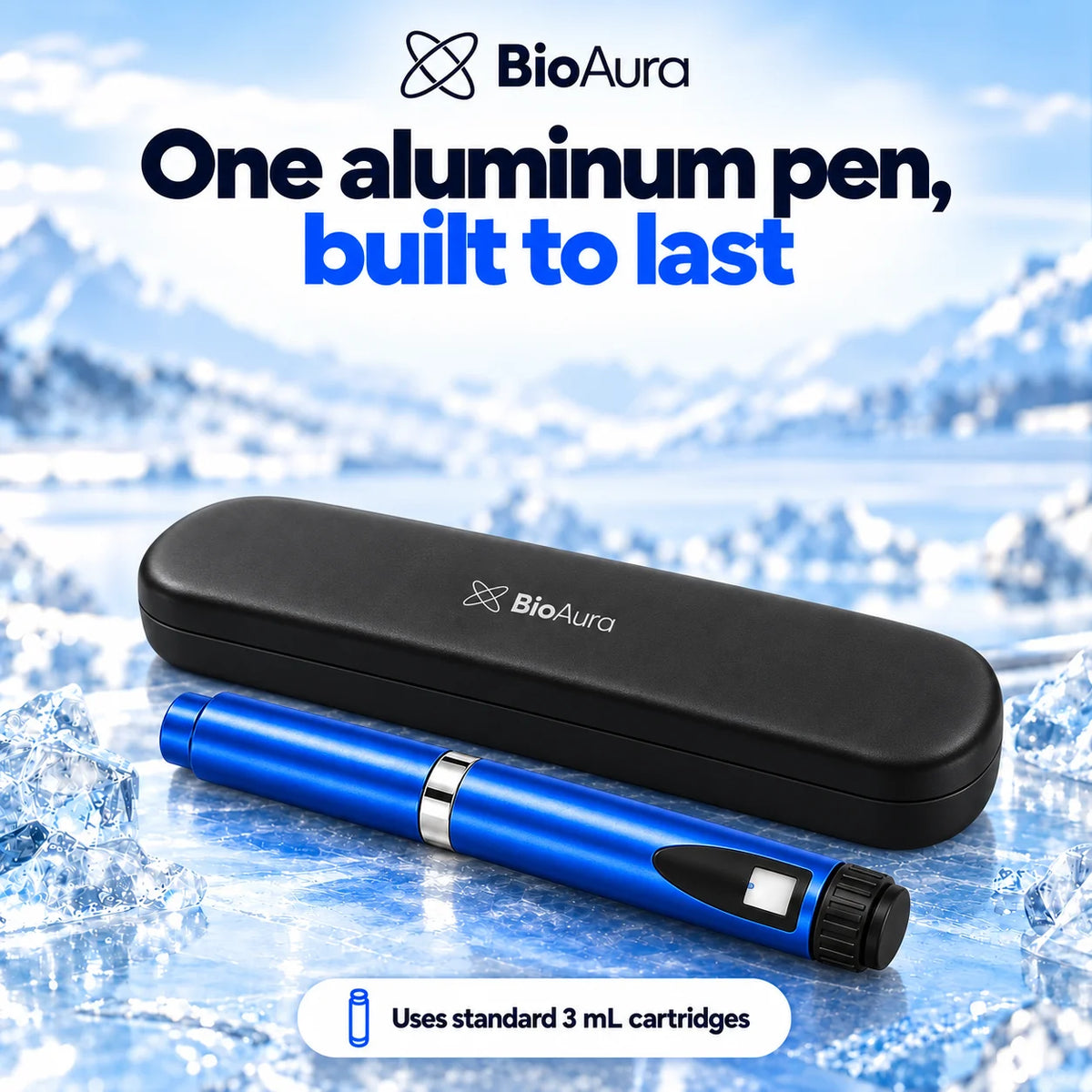 BioAura Pen, blue reusable aluminum pen for standard 3 mL cartridges, with its rigid case