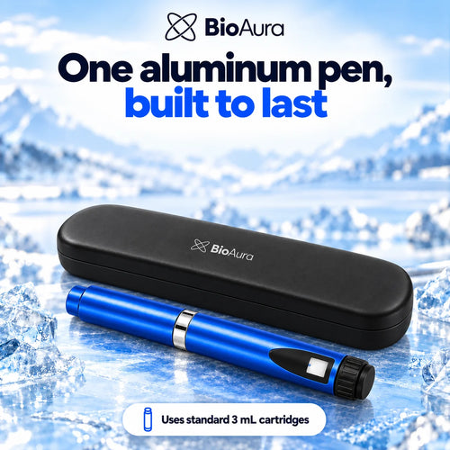 BioAura Pen, blue reusable aluminum pen for standard 3 mL cartridges, with its rigid case