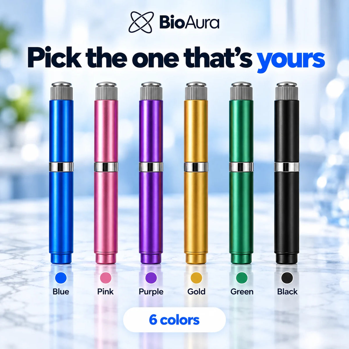 BioAura Pen in 6 colors: blue, pink, purple, gold, green and black