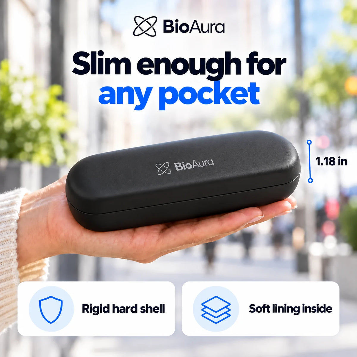 Slim BioAura Pen rigid case in one hand, 1.18 in thick, hard shell with soft lining