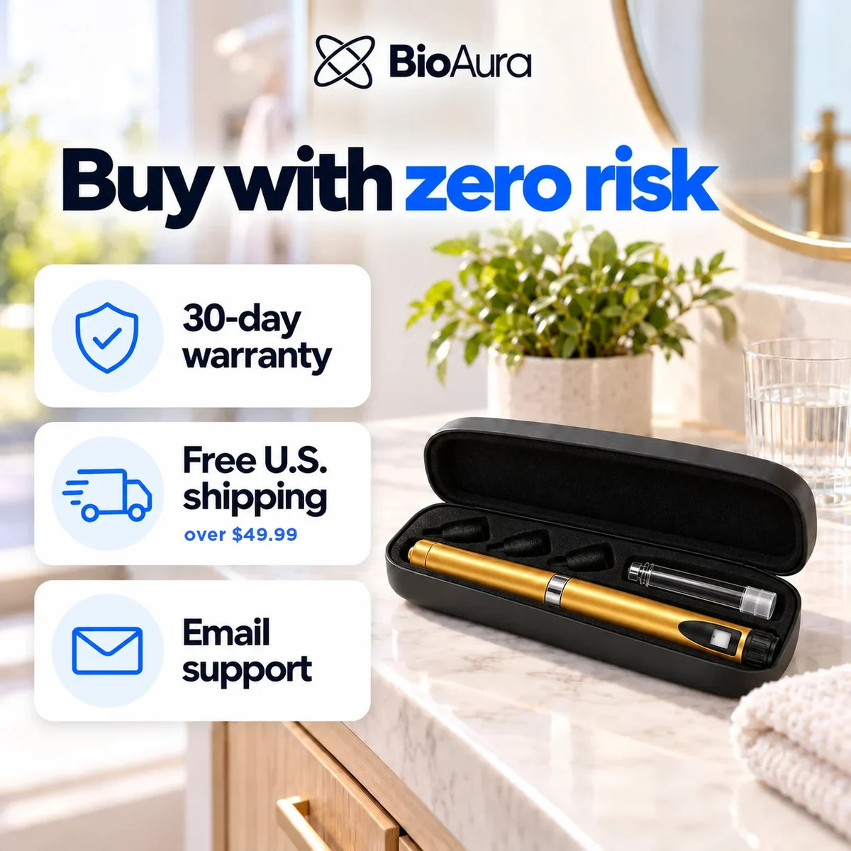 Gold BioAura Pen in its case, with a 30-day warranty, free U.S. shipping over $49.99 and email support