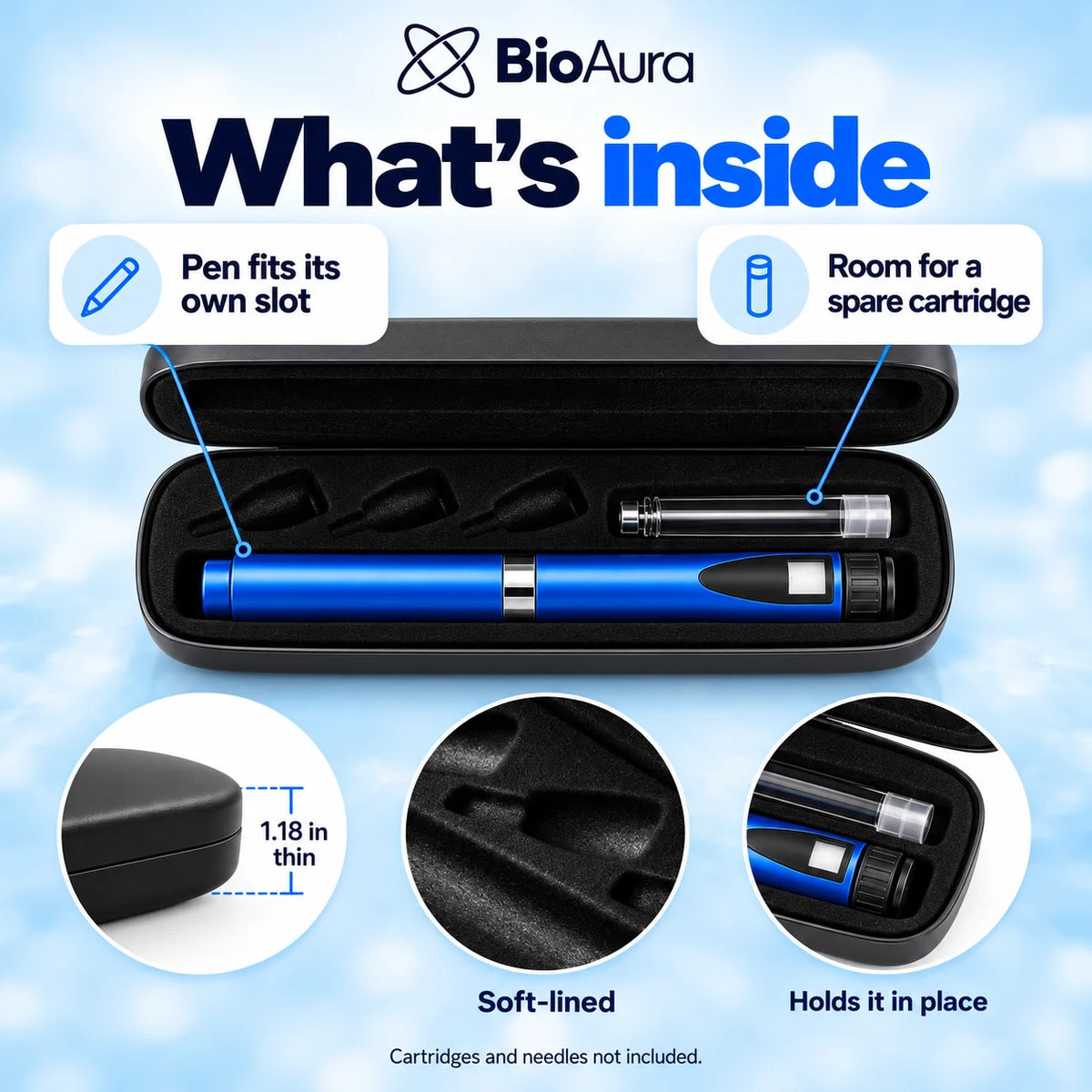 Open BioAura Pen rigid case: pen in its slot, room for a spare 3 mL cartridge, soft molded lining