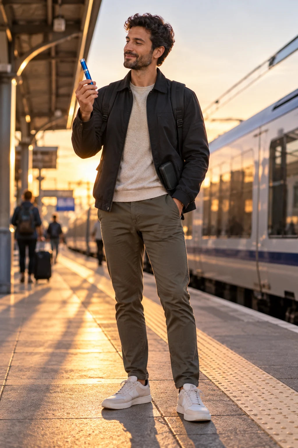 Man walking along a train platform at sunset
