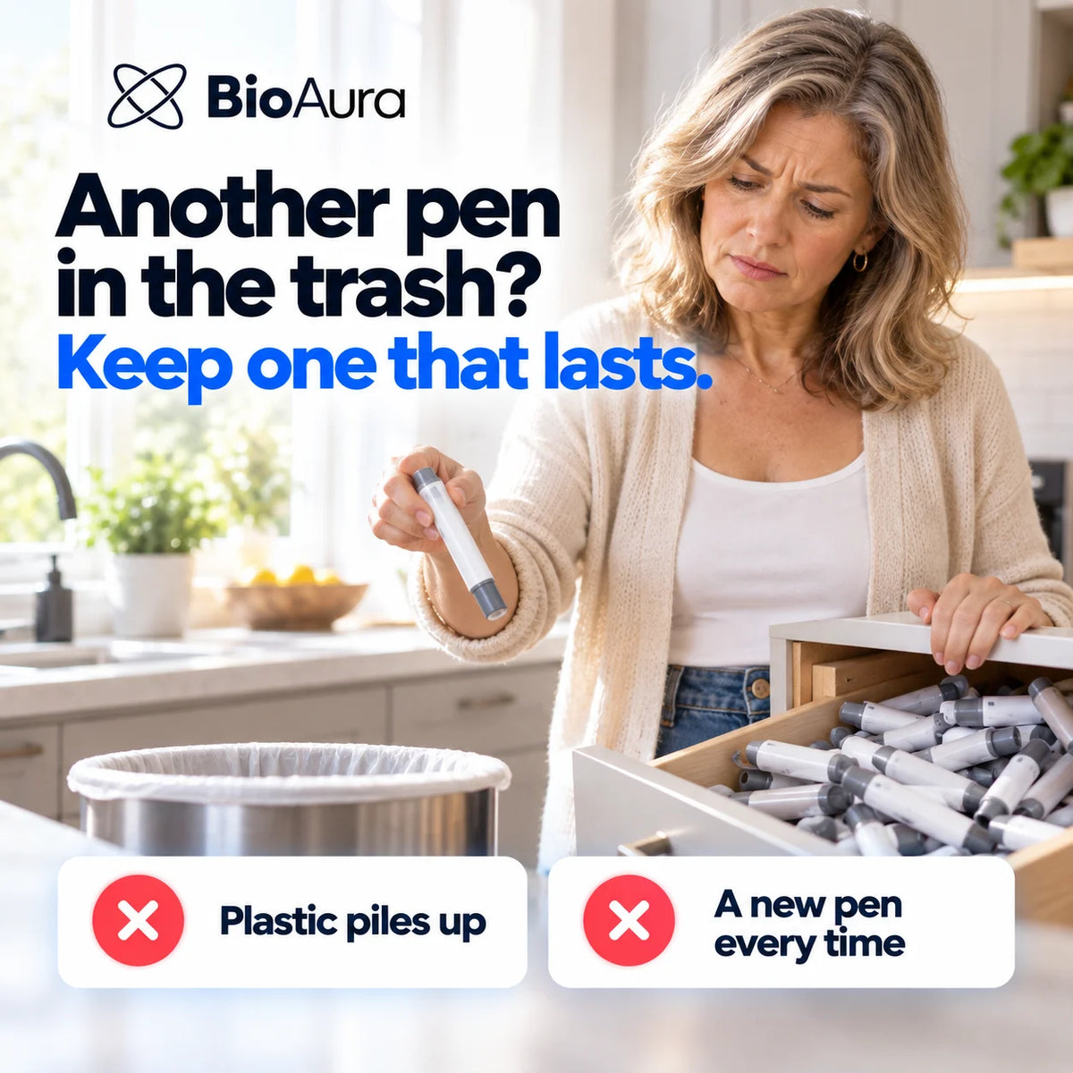 Woman throwing away another disposable plastic pen from a drawer full of them