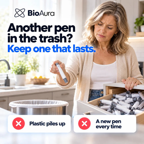 Woman throwing away another disposable plastic pen from a drawer full of them