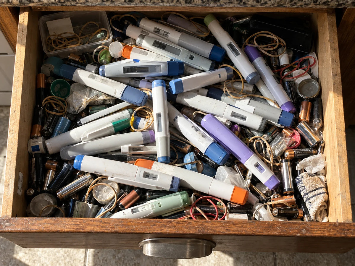 Drawer overflowing with used disposable plastic pens