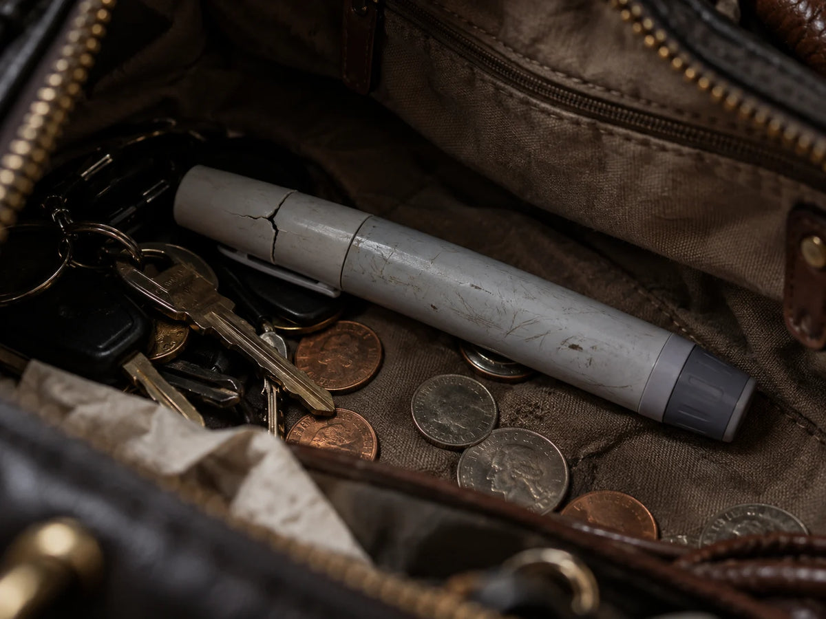 Scratched plastic pen loose at the bottom of a bag with keys and coins