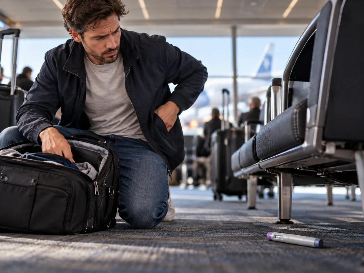 Man kneeling at an airport, looking for a pen that fell out of his bag
