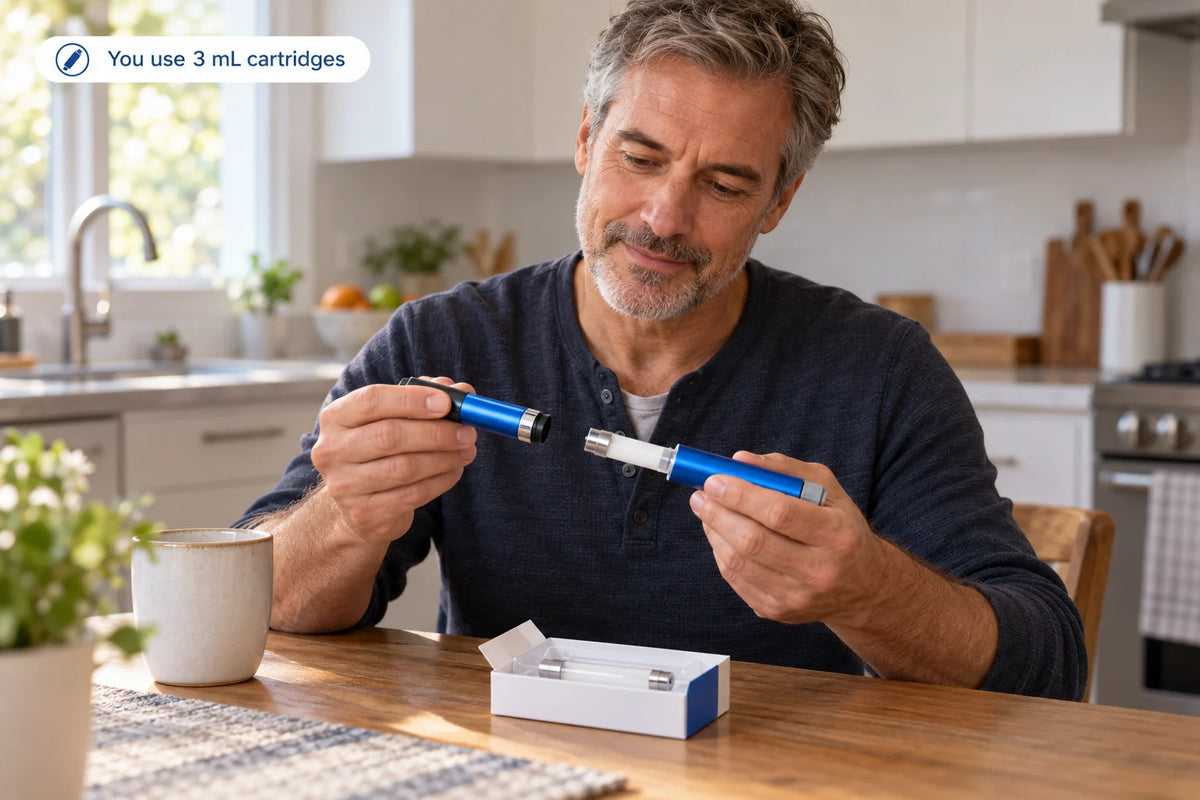 Man at a kitchen table loading a 3 mL cartridge into his BioAura Pen