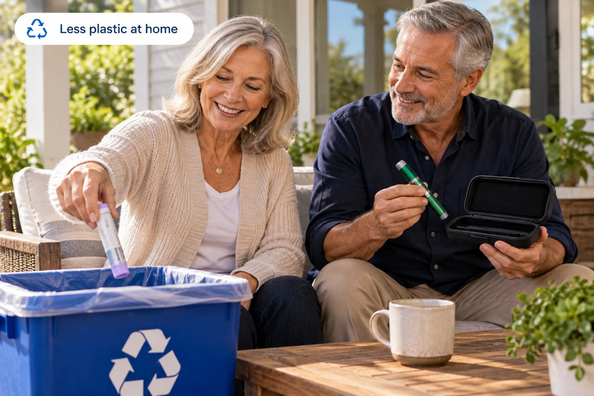 Couple at home with the BioAura Pen and a recycling bin: less plastic waste