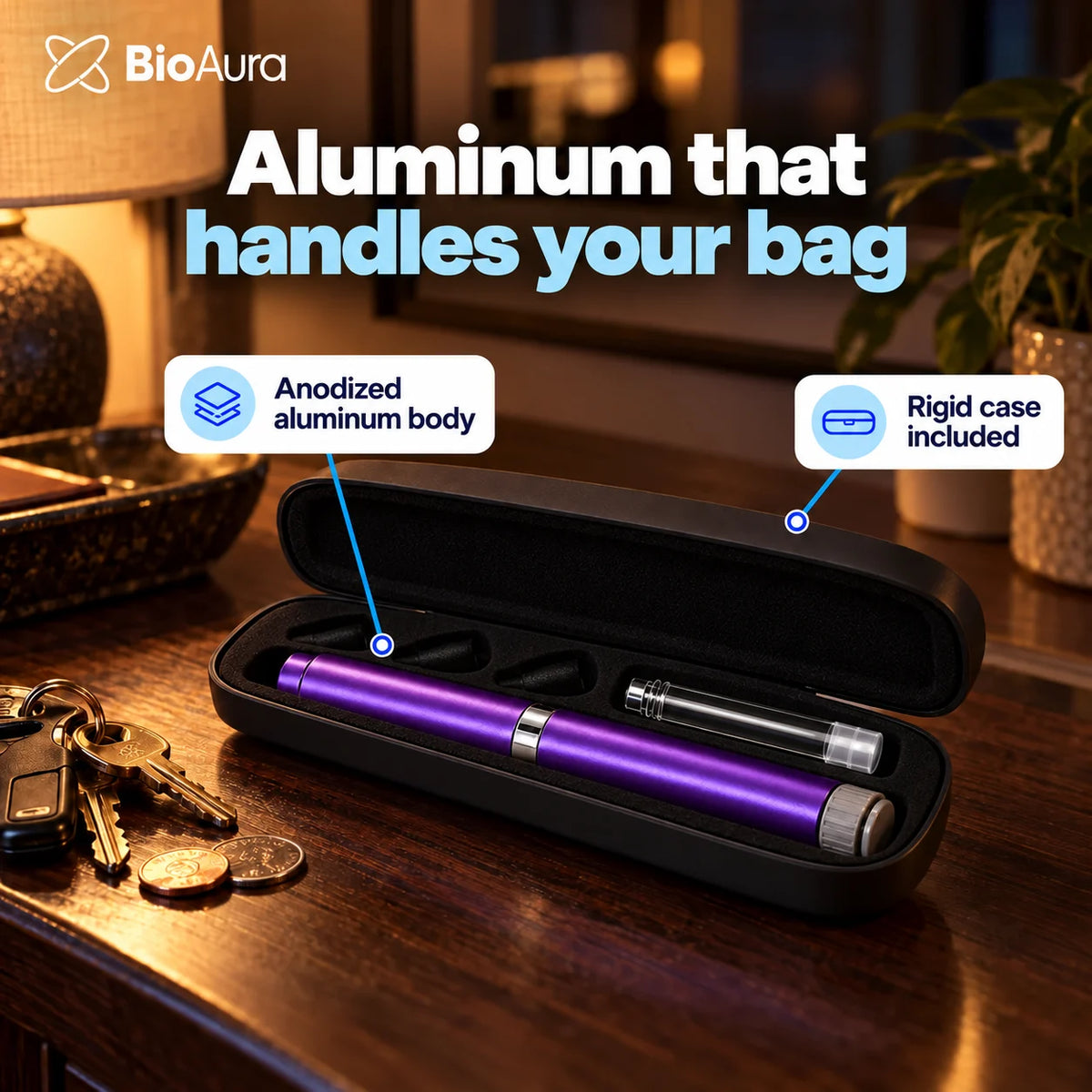 Purple BioAura Pen in its rigid case, anodized aluminum body