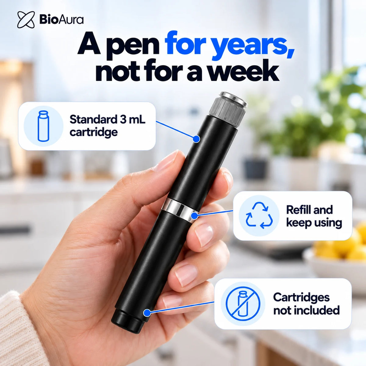 Black BioAura Pen in hand: standard 3 mL cartridge, refill and keep using, cartridges not included