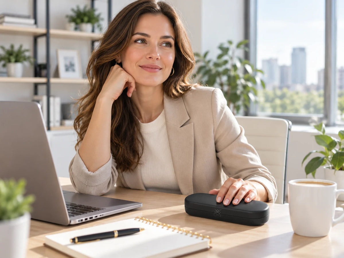Woman at her office desk with the BioAura Pen case next to her laptop