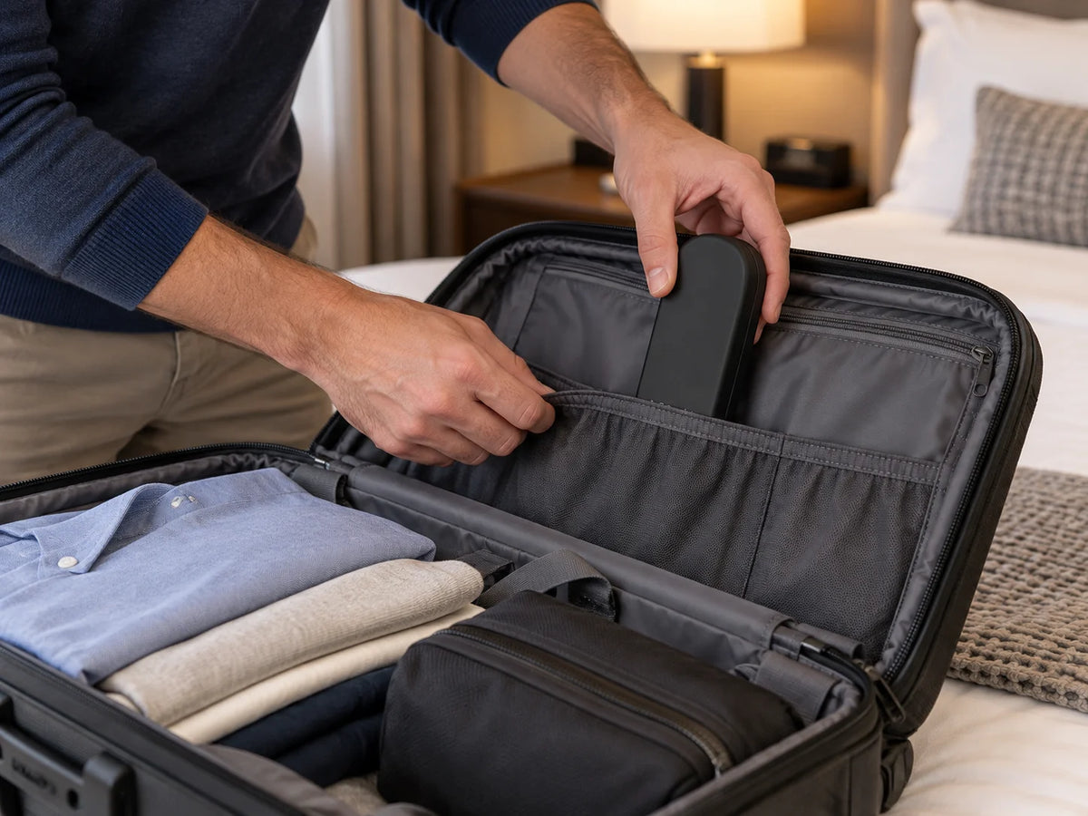 Hands placing the BioAura Pen case in the inner pocket of a suitcase